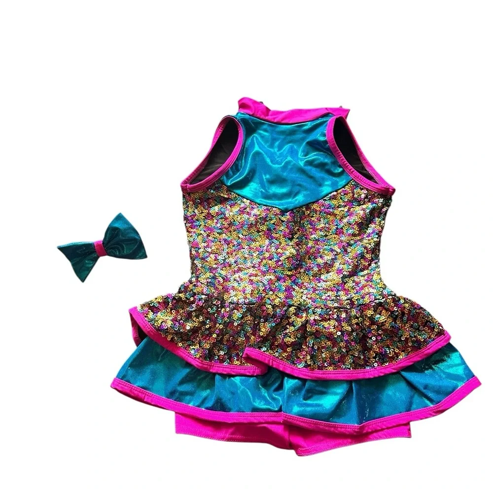 A Wish come true Multicolor Sequin Kids Dance Costume with Bow